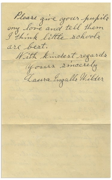Laura Ingalls Wilder Autograph Letter Signed -- ''...I am glad you like my books...I think little schools are best...''